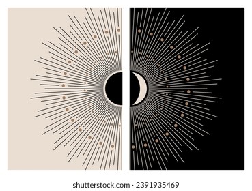 Abstract boho sun moon posters set. Modern trendy minimal style. Mid Century Modern Wall Decor. Printable Wall Art. Digital Prints. Boho Wall Art. Minimalist. Beige and Black. Vector illustration