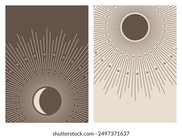 Abstrakte Boho Sonne Mond Plakate gesetzt. Moderner trendiger Minimalstil. Moderne Wanddekoration aus dem mittleren Jahrhundert. Druckbare Wandkunst. Digitale Ausdrucke. Boho Wall Art. Minimalistisch. Beige und Braun. Vektorgrafik