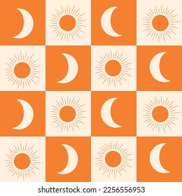  Abstract boho sun and moon seamless pattern on orange and white checkerboards. for home decor, textile and fabric.