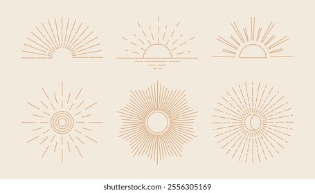 Abstract boho sun set, sunburst. Bohemian minimalist linear sunrise and sunset icon collection. Vector illustration