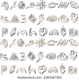 Abstract boho symbol set, outline doodle hand drawn elements isolated on white.eps