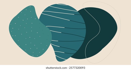 Abstract Boho Teal and Blue Shapes Illustration Featuring Geometric and Organic Forms. Artistic abstract composition showcasing teal and blue shapes with textured and patterned designs 