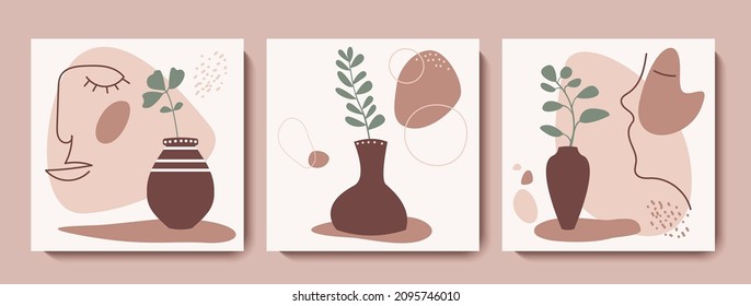 Abstract boho vases and plant poster collection. Aesthetic modern art background in pastel colors. Fashion minimal print. Vector illustration set
