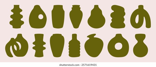 Abstract boho vases silhouette set. Handmade ceramic pots of bizarre shapes. Vector pottery illustration, trendy minimalist style. Cozy home decor, sticker, element for social media, poster, logo