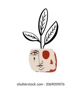 Abstract boho vector floral clipart. Hand drawn abstract shapes and face. Terracotta and natural colors. Minimal modern boho pot design for covers, flyers, banners, wall art, posters and prints