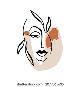 Abstract boho vector floral clipart. Hand drawn abstract shapes and face. Terracotta and natural colors. Minimal modern boho design for covers, flyers, banners, wall art, posters and prints
