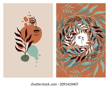 Resumen del vector boho floral clipart. Dibujar a mano formas y caras abstractas. Terracota y colores naturales. Diseño de boho moderno y minimalista para cubiertas, folletos, pancartas, arte mural, carteles e impresiones