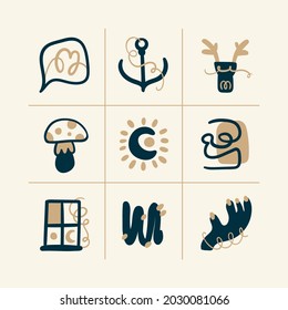 Abstract boho vector shapes. Doodle icon for fashion design, summer season or natural concept. Modern hand drawn illustration.