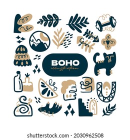 Abstract boho vector shapes. Doodle icon for fashion design, summer season or natural concept. Modern hand drawn illustration.