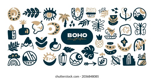 Resumen de formas vectoriales boho. Icono de Doodle para diseño de moda, temporada de verano o concepto natural. Ilustración moderna dibujada a mano.