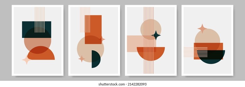 Resumen Conjunto de arte mural de Boho, Afiche de diseño minimalista, fondo abstracto vectorial postcard, formas geométricas, formas orgánicas. Concepto de decoración estética bohemia en las paredes