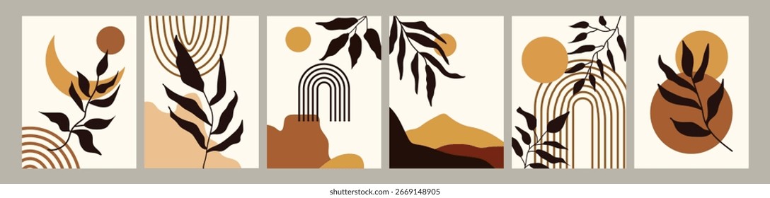 Conjunto de arte de pared Boho Abstractas. Ilustración botánica y arco iris minimalista en Colores Earth Tone para decoración moderna del hogar.