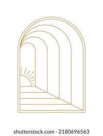 Abstract boho window. Metaphor minimalistic image of dawn. Mysticism and esotericism, magic and srcery, whitchract. Stylish tattoo. Line art and outline style. Cartoon flat vector illustration