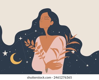 Abstract boho woman with black magic and magic In the night sky with moon and star