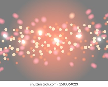 Abstract bokeh background. Blurred bright abstract bokeh on gray-orange background. Holiday glowing colored lights with sparkles. Festive defocused lights.