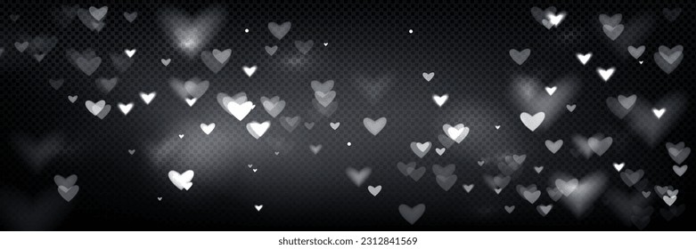 Abstract bokeh background with blurred white hearts. Vector realistic illustration of creative pattern for romantic wallpaper, Valentine Day greeting card, wedding decoration. Defocused backdrop