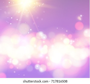 Abstract bokeh background over violet sky and sun rays. Vector illustration.
