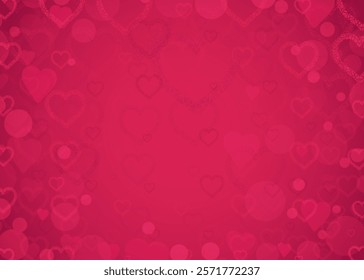 Abstract bokeh background with pink and red hearts. Romantic illustration for Valentine Day, wedding decoration with intricate mandala hearts. Defocused love backdrop.