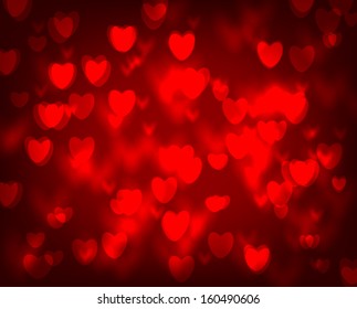 Abstract bokeh background with red hearts, Valentine day illustration