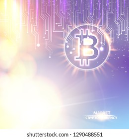 Abstract bokeh background with shining bitcoin symbol and mother board circuits. Digital blockchain network concept. Vector illustration.