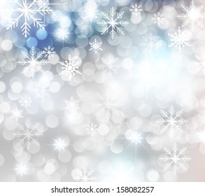 Abstract bokeh background with snowflakes and blue winter light. Vector eps10.