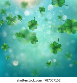Abstract bokeh blur template with - trifolium clovers. Happy Saint Patrick's Day background.