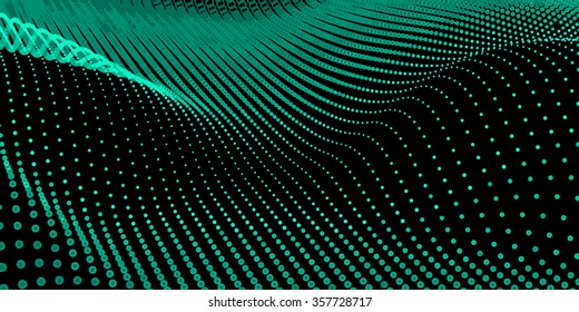 Abstract bokeh dots waves. Vector background. Green on black.