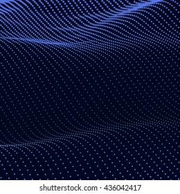 Abstract bokeh dots waves. Vector background. Blue on black.
