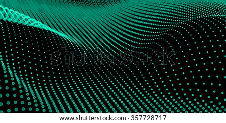 Abstract bokeh dots waves. Vector background. Green on black.