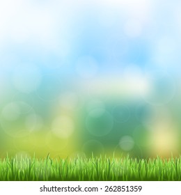 abstract bokeh and lens flare pattern with natural green grass and blue sky background (vector)