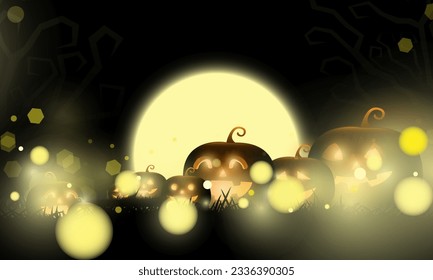 Abstract bokeh Light gold color with soft light background for Dark Cute halloween pumpkins vector magic holiday poster design.