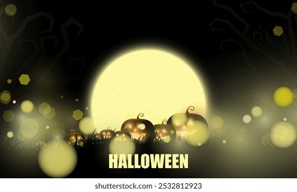 Abstract bokeh Light gold color with soft light background for Dark Cute halloween pumpkins vector magic holiday poster design.