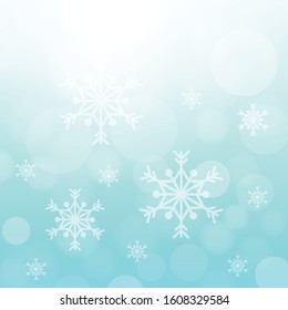 Abstract bokeh light and snow flakes with sky blue gradient background illustration