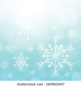 Abstract bokeh light and snow flakes with sky blue gradient background illustration