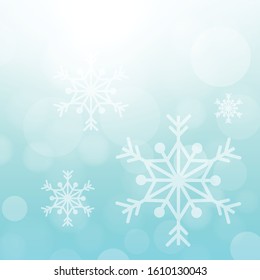 Abstract bokeh light and snow flakes with sky blue gradient background illustration