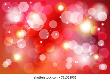 Abstract bokeh lights red background for Birthday, Wedding Day, Winter Holiday Christmas, Valentines Day. Vector festive defocused lights, blurred sparkles, glitter confetti, shine background.