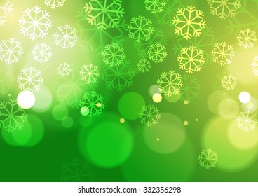 Abstract Bokeh Lights with Snowflakes on Green Background, Vector Illustration