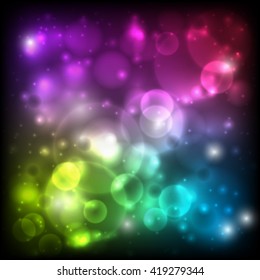 Abstract bokeh on dark background with bright colored flashes, vector illusration