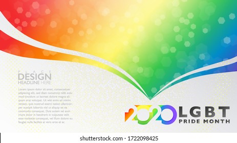 Abstract bokeh rainbow wave on glitter white background. Banner template for LGBTQ pride celebration. Colorful year 2020 design layout with copy space. Vector illustration.