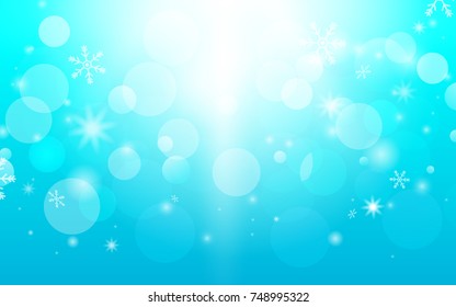 Abstract bokeh and snowflakes in blue background. Merry christmas concept