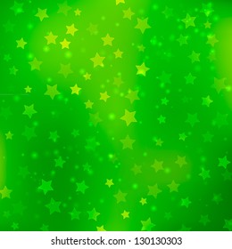 Abstract bokeh star background with particles on green background.