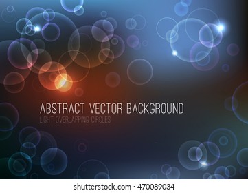 Abstract bokeh vector background. Overlapping circles with lights on dark background. Eps 10 file.