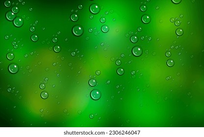 bokeh abstracto con gota de agua, burbujas limpias en fondo verde.