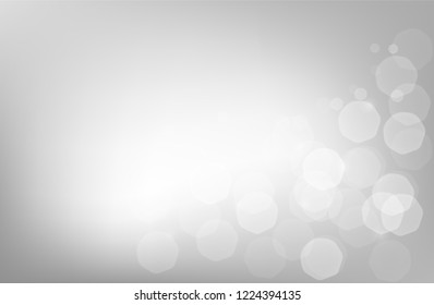 Abstract bokeh white and gray background for winter holidays season glowing blurred snow and dust sun beam festive muted blurry backdrop horizontal vector illustration