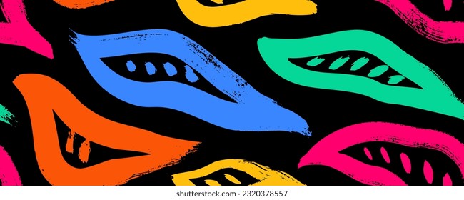 Abstract bold brush drawn colorful leaves seamless pattern on black background. Organic plant cartoon banner background. Bold naive multi colored leaves with dots. Abstract trendy botanical banner.