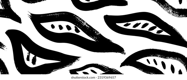 Abstract bold brush drawn leaves seamless pattern. Organic plant cartoon banner background. Bold naive leaves with dots, maranta motif. Abstract trendy botanical banner. Black ink texture with foliage