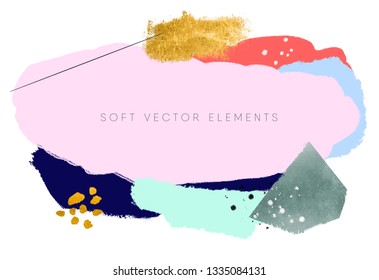 abstract bold brushstrokes pattern. glitter gold dots textured graphic design elements. vibrant pastel paint strokes on white paper background. eps 8