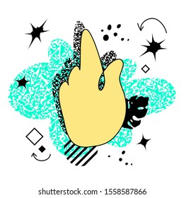 Abstract bold colored hand in ponting gesture over bright neon background. Swiss punk design