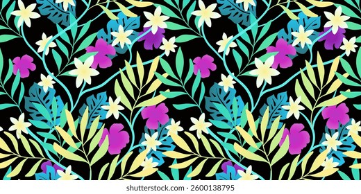 Abstract Bold Florals Tropical Summer Modern Flowers Leaves Silhouette Fashion Party Colorful Green Purple Vector Abstract Background. Magic Palm Backdrop Banner Multicolored Seamless Pattern Design