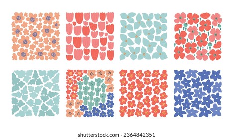 Abstract bold flower fields set. Bright cute blossom poster, wall art, card templates.